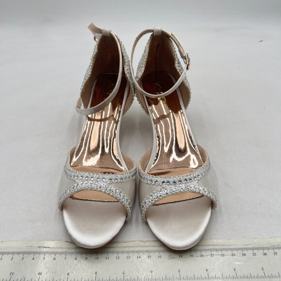 XYD Ivory Open Toe Rhinestones Ankle Strap Sandals Low Heel Bridal Evening Shoes - Picture 7 of 8